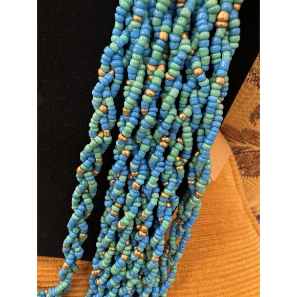 Talbots Seedbead Necklace Gold Tone Turquoise Blue Teal Multi Strand Boho Chic - Picture 3 of 4